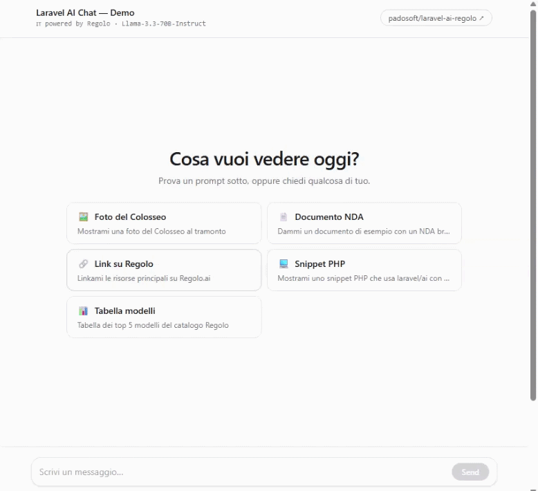 laravel-ai-chat — animated demo: streaming Regolo reply with image · doc · links · code · table artifacts rendering inline