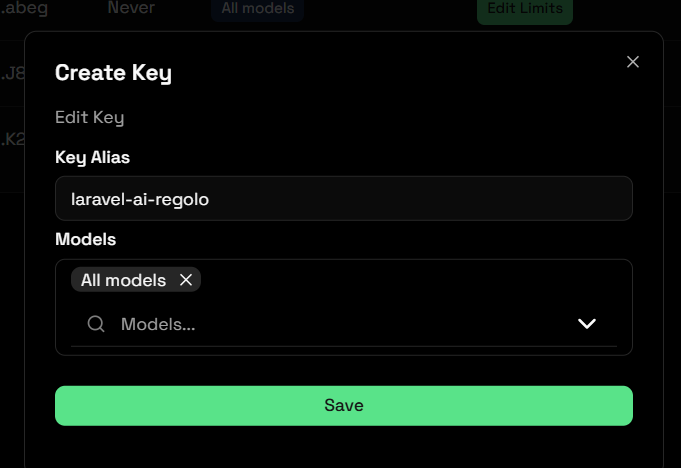 Regolo dashboard — create new API key