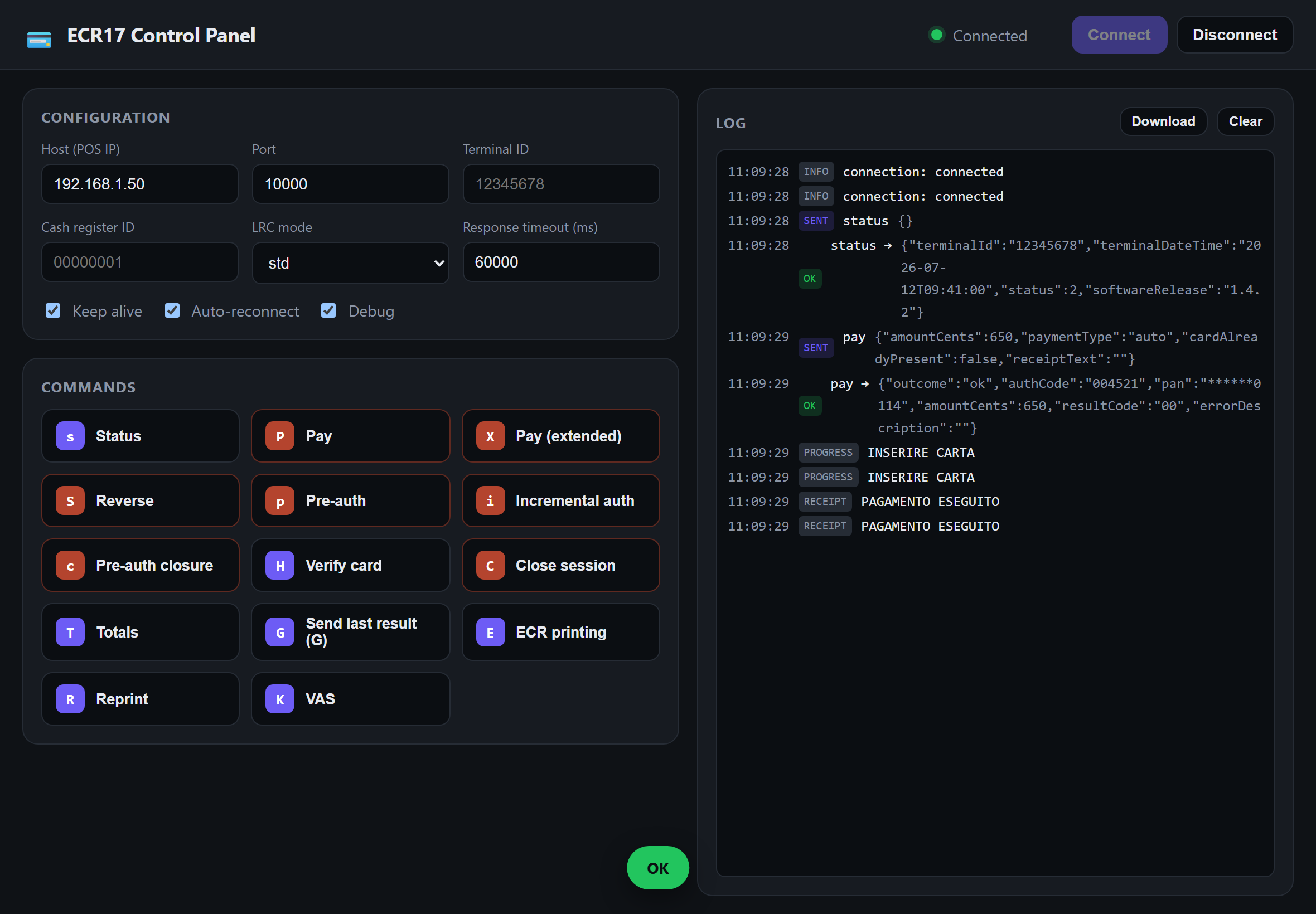 ECR17 Control Panel β command grid & live log
