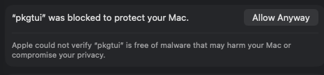 macOS Privacy and Security settings showing pkgtui was blocked, with an Allow Anyway button