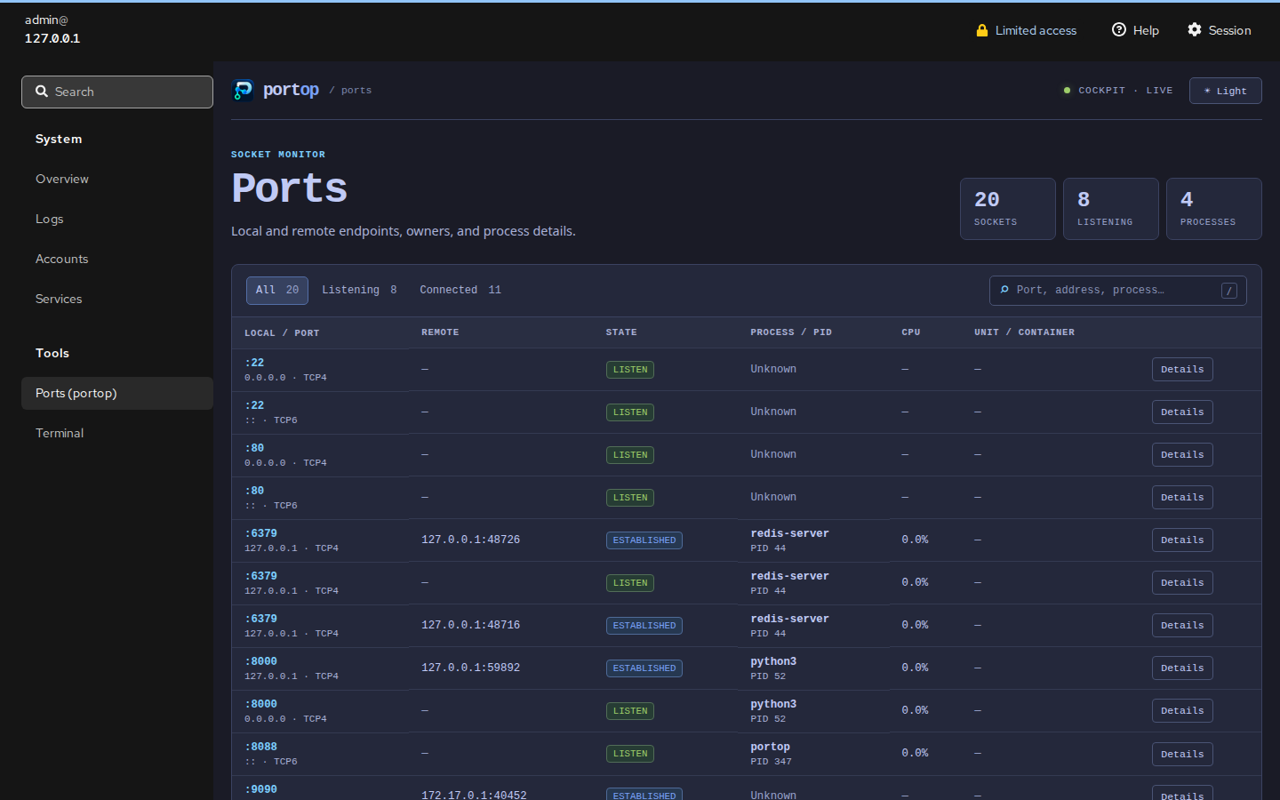 portop inside Cockpit under Tools, dark theme