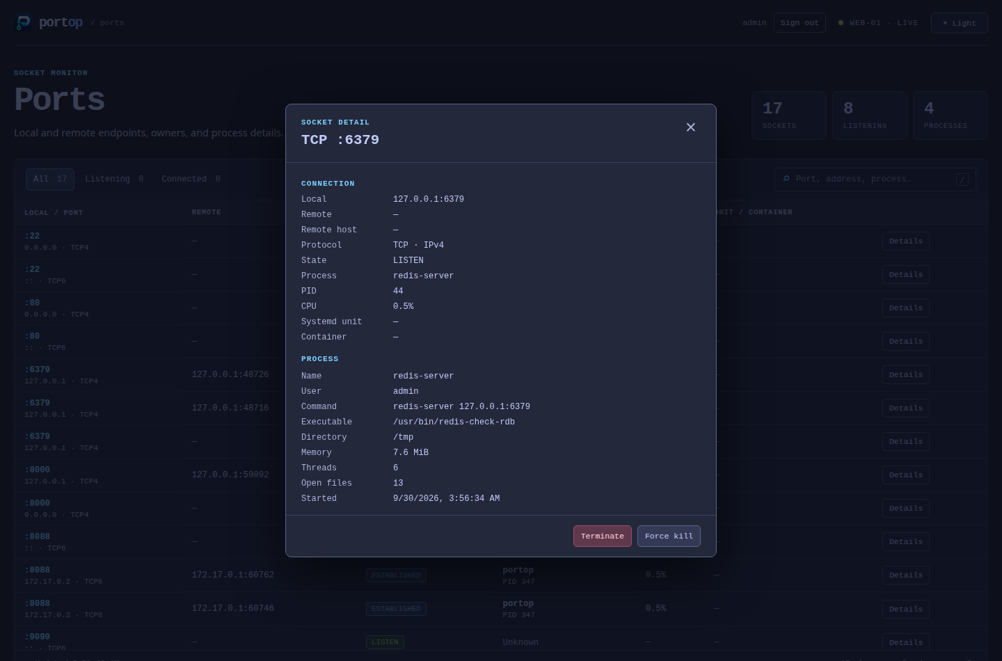 portop web dashboard with a process detail dialog