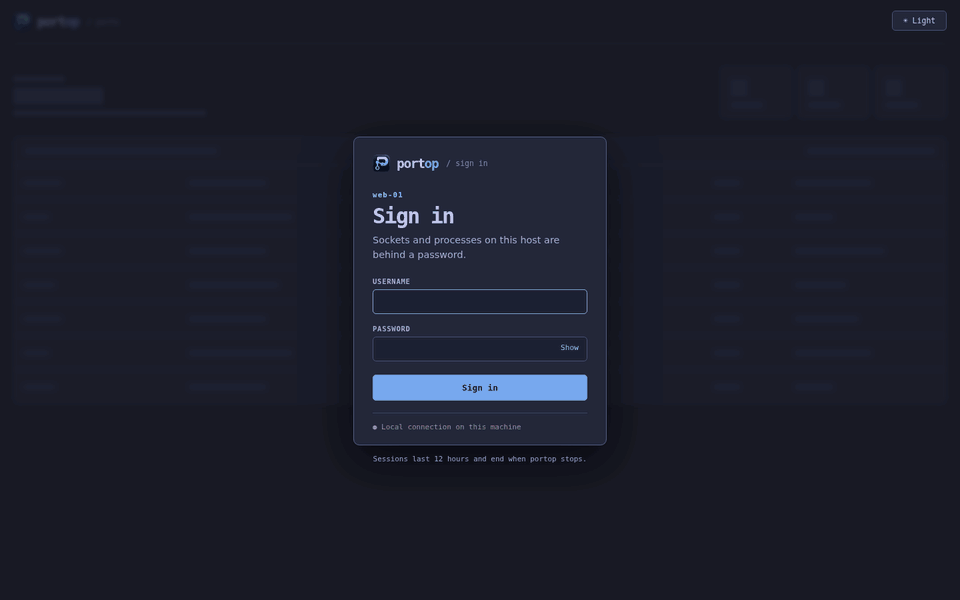 portop web dashboard: sign-in, the listening tab with exposure and firewall badges, nginx with its workers and the details dialog