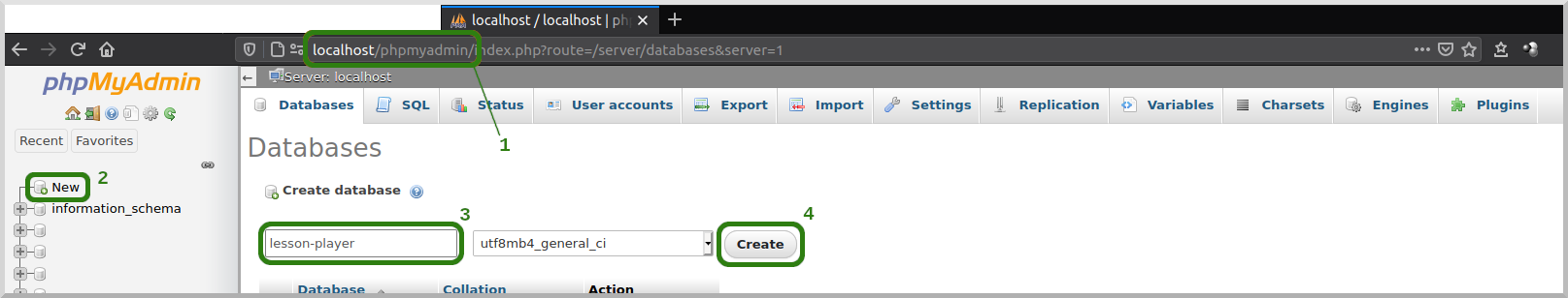 Xampp create database