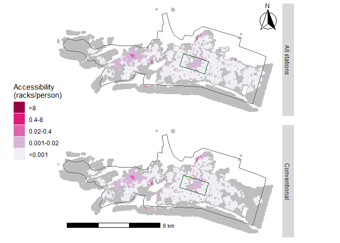 Accessibility at 5 minutes walk (average threshold) compared between current system with equity stations and the original system without equity stations.