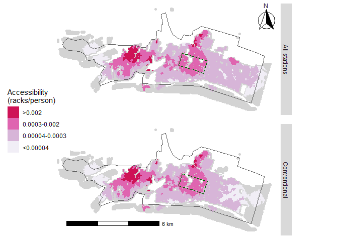 Accessibility at 10 minutes walk (maximum threshold) compared between current system with equity stations and the original system without equity stations.