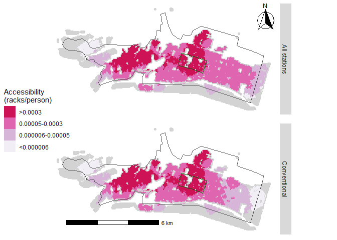 Accessibility at 15 minutes walk (extreme threshold) compared between current system with equity stations and the original system without equity stations.