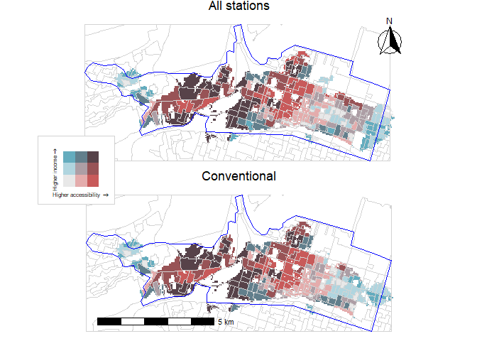 \label{fig-bivariate-map-threshold-10}Bivariate map of accessibility and income at the maximum threshold of ten minutes with equity stations (top panel) and without equity stations (bottom panel).