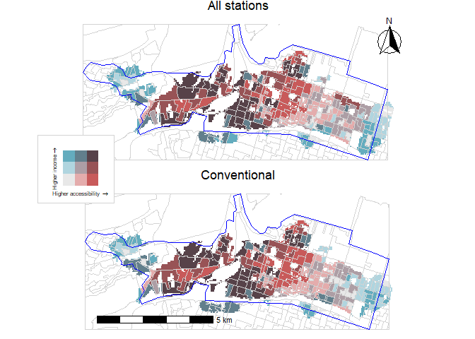 \label{fig-bivariate-map-threshold-15}Bivariate map of accessibility and income at the extreme threshold of fifteen with equity stations (top panel) and without equity stations (bottom panel).