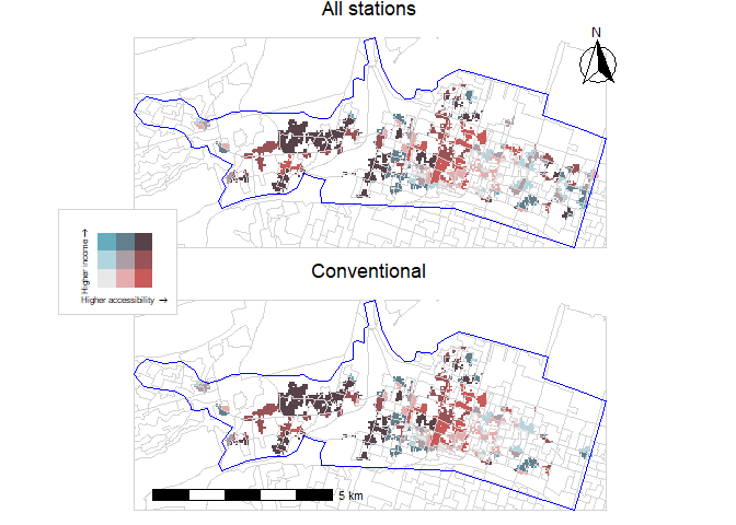 \label{fig-bivariate-map-threshold-3}Bivariate map of accessibility and income at the minimum threshold of three minutes with equity stations (top panel) and without equity stations (bottom panel).