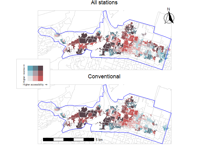 \label{fig-bivariate-map-threshold-5}Bivariate map of accessibility and income at the average threshold of five minutes with equity stations (top panel) and without equity stations (bottom panel).