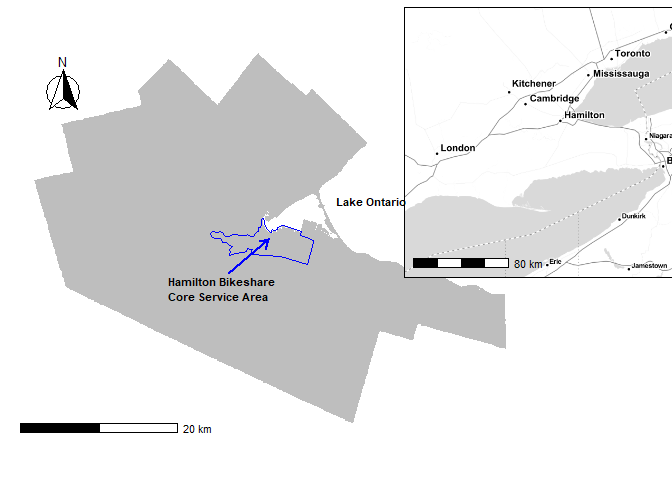 The core service area of Hamilton Bike Share is outlined in blue. Hamilton Census Metropolitan Area is shown in grey.
