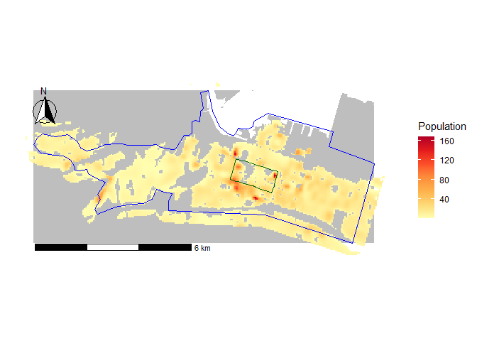 Interpolated population in Hamilton Bike Share's core service area (outlined in blue) and within 30 minutes of walking to the core service area. Each population cell is 50-by-50 m in size. The downtown area is outlined in dark green.