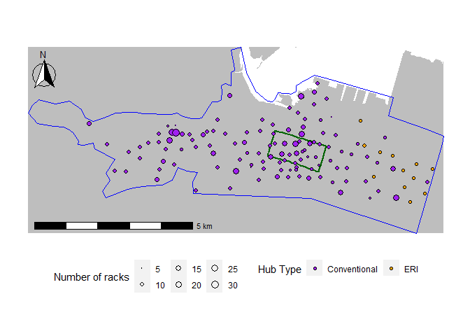 The spatial distribution of bike share docking stations in Hamilton, Ontario. Conventional stations are in purple and equity (ERI) stations are in orange. The service area of Hamilton Bike Share is outlined in blue and the city's downtown core is outlined in dark green. Hamilton Census Metropolitan Area is shown in grey.