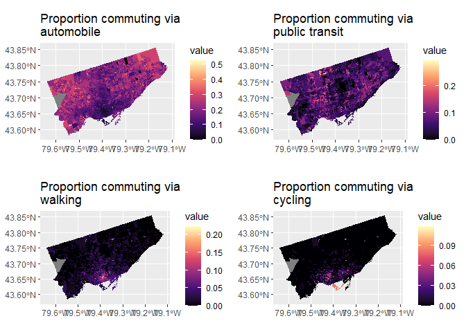Chloropleth maps showing commuting-related variables at the dissemination area level