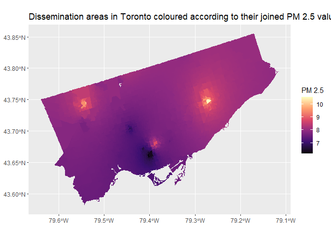 Dissemination areas in Toronto coloured according to their joined PM 2.5 value