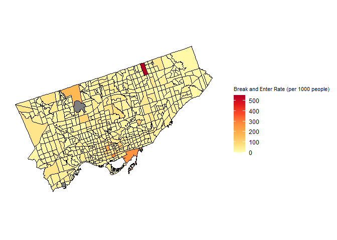 Break and Enter Rate (per 1000 people) of Toronto Census Tracts