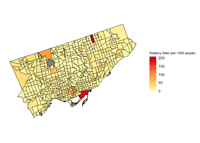 Robbery Rate (per 1000 people) of Toronto Census Tracts