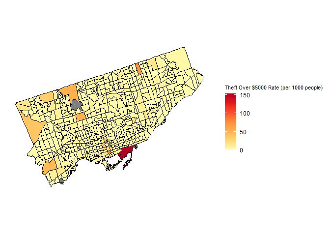 Theft Over $5000 Rate (per 1000 people) of Toronto Census Tracts
