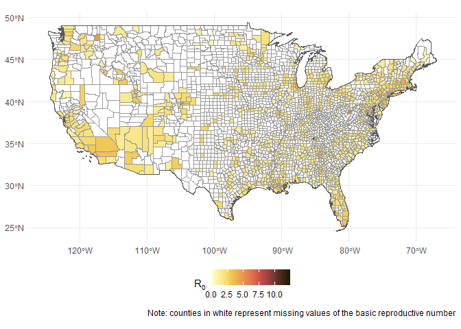 \label{fig:R0-map}Basic reproductive rate in US counties (Alaska, Hawaii, Puerto Rico, and territories not shown).