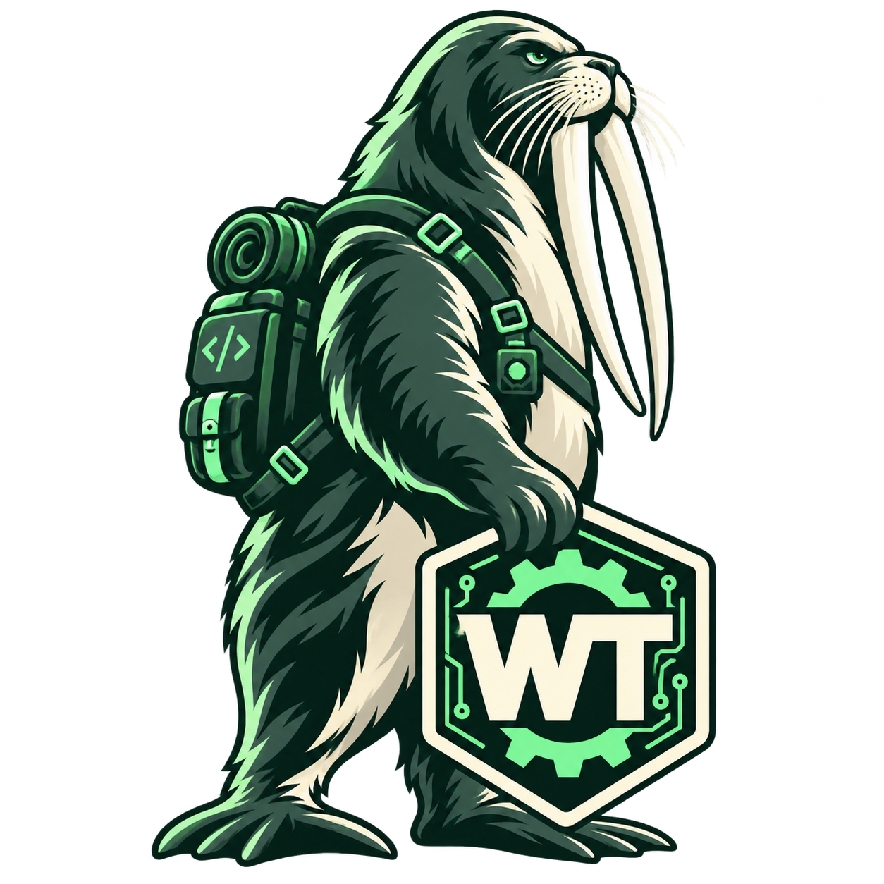 WT walrus standing in side profile with large tusks and a WT circuit badge