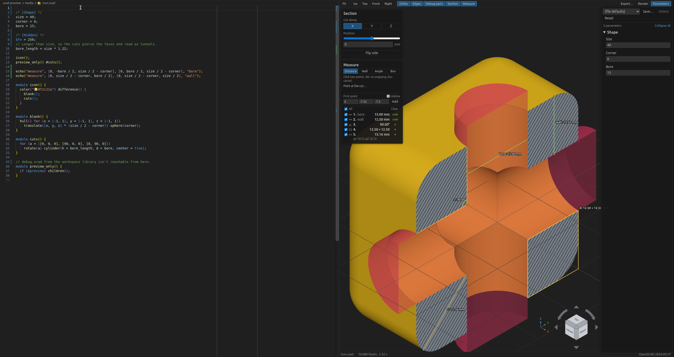 icon.scad open beside the preview: a section through the model, its # debug parts, and measurements from both the file and the Measure tool