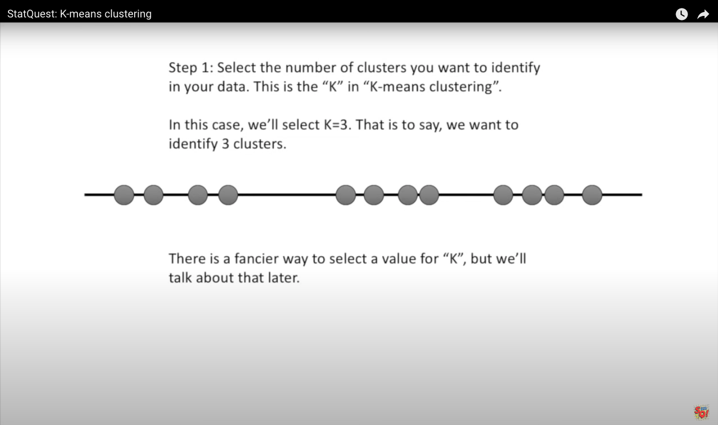 K-means clustering in 1 dimension: image from statquest