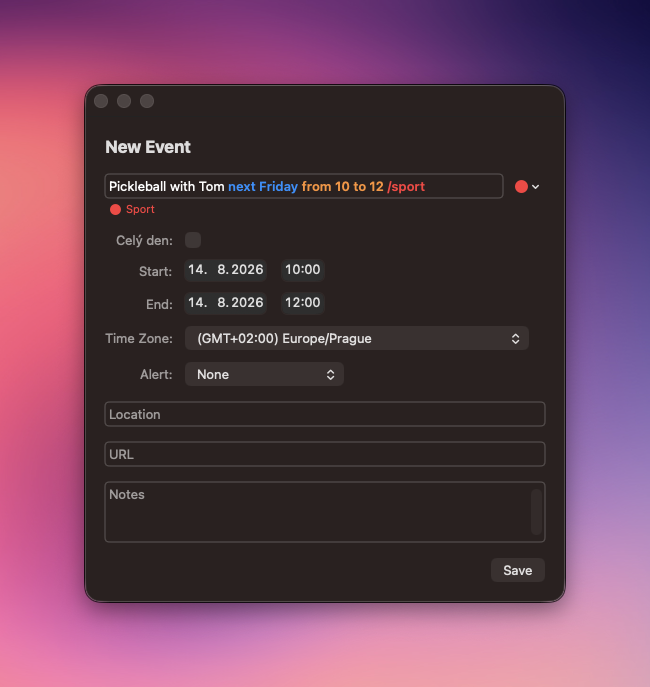 Natural-language event entry with highlighted date, time, and calendar instructions