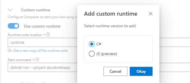 options for running a bot in the bot framework composer