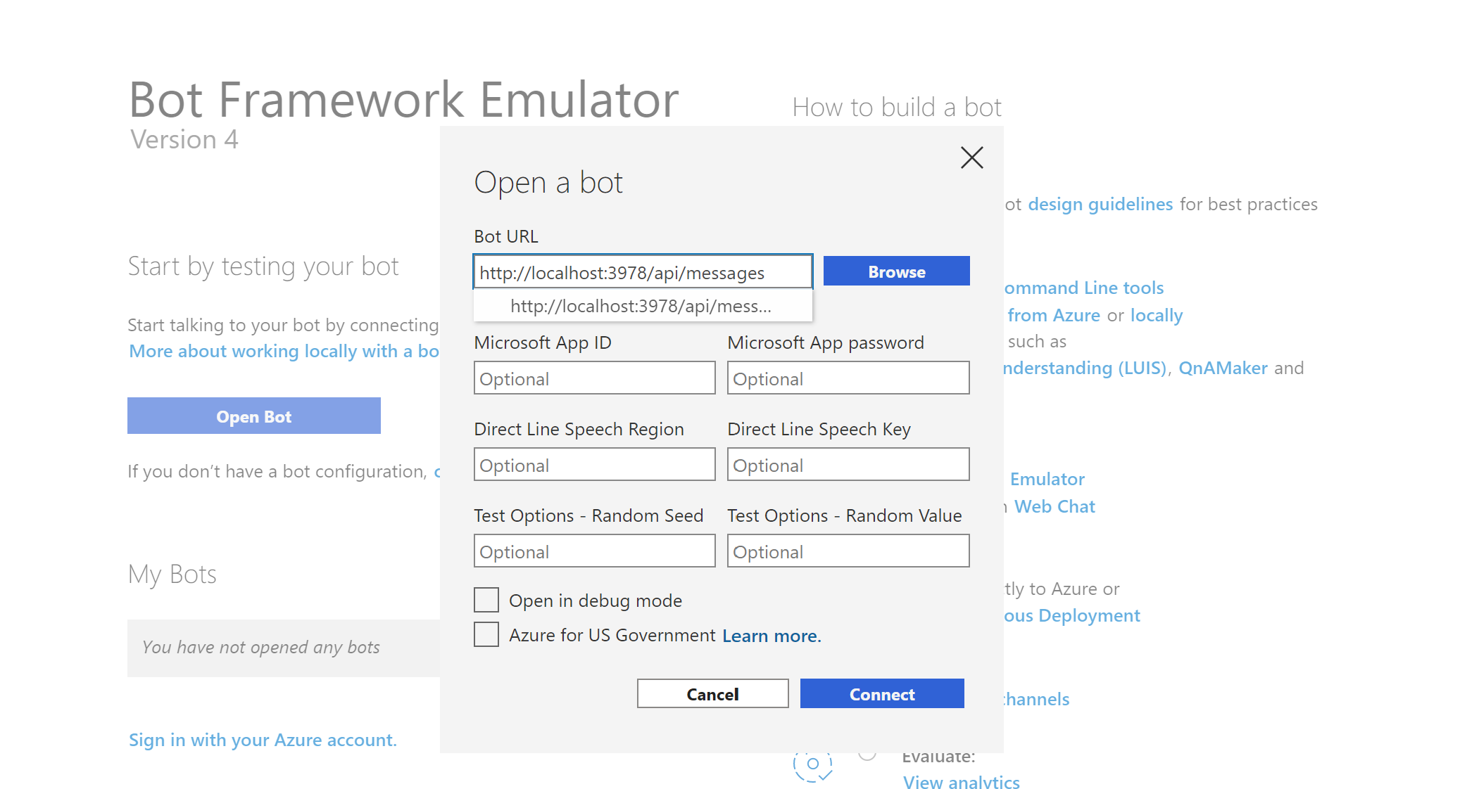 setting up a bot in the bot framework emulator