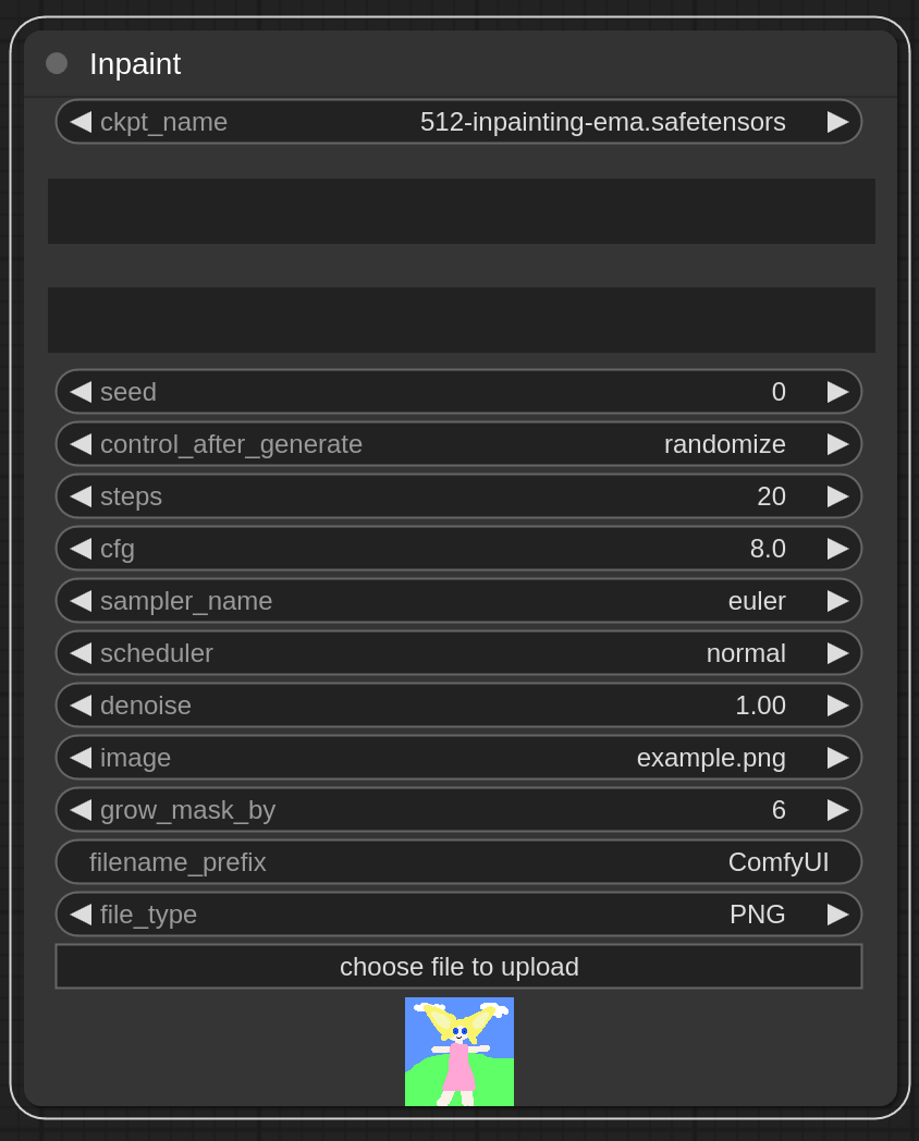 A ComfyUI node titled Inpaint containing the widget ckpt_name followed by two text prompts, then the widgets seed, control_after_generate, steps, cfg, sampler_name, scheduler, denoise, image, grow_mask_by, filename_prefix, file_type