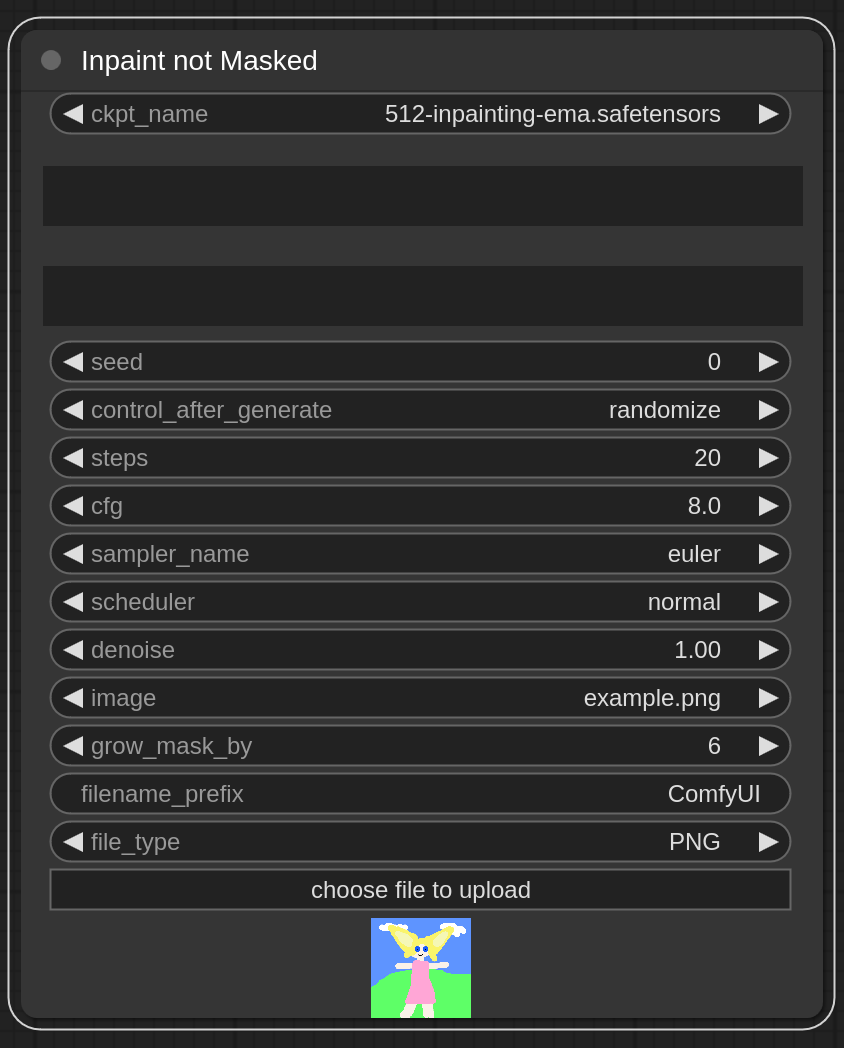 A ComfyUI node titled Inpaint not Masked containing the widget ckpt_name followed by two text prompts, then the widgets seed, control_after_generate, steps, cfg, sampler_name, scheduler, denoise, image, grow_mask_by, filename_prefix, file_type