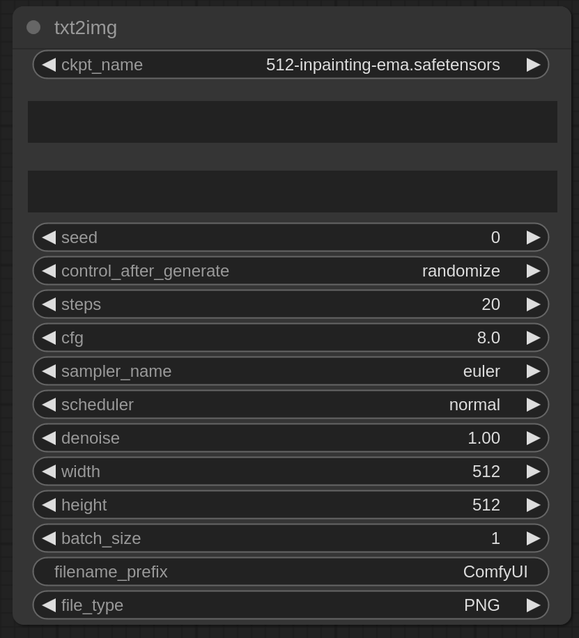 A ComfyUI node titled txt2img containing the widget ckpt_name followed by two text prompts, then the widgets seed, control_after_generate, steps, cfg, sampler_name, scheduler, denoise, width, height, batch_size, filename_prefix, file_type