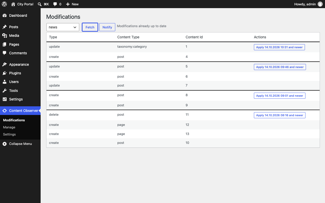 Modifications page with the Fetch, Notify and Apply buttons