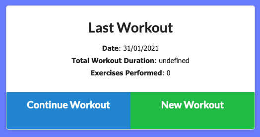 Aerobics Fitness Tracker (NoSQL, MongoDB, Mongoose, Node, Express, Morgan) — Landing page, Last Workout with null information. (PNG)