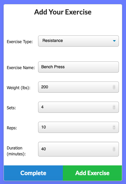 Aerobics Fitness Tracker (NoSQL, MongoDB, Mongoose, Node, Express, Morgan) — Add Resistance Exercise Example (PNG)