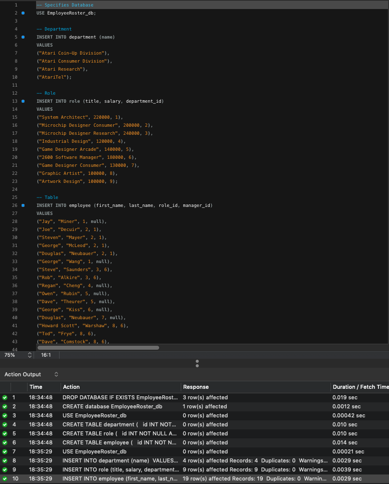 MySQL Employee Management Tracker Application — Populating the database with seed.sql (ATARI Employees) in MySQL Workbench (PNG)