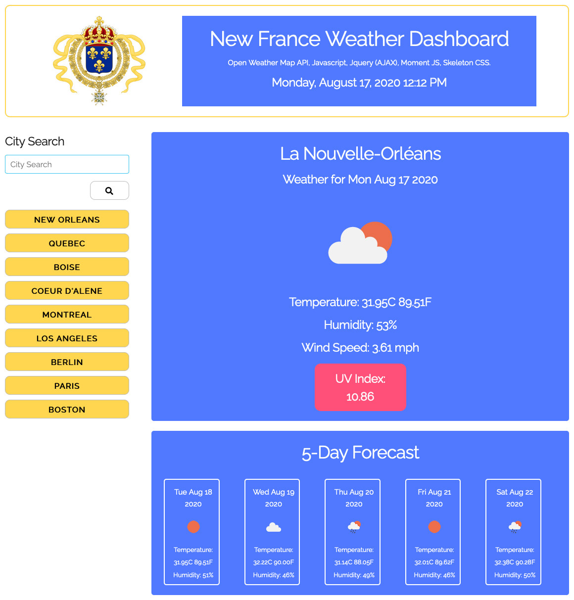 New France Weather Dashboard (Screenshot)