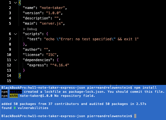 Express Note Taker Application (Screenshot #1: npm install/package.json)