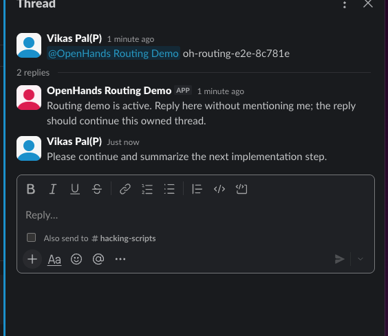 Human-rooted Slack thread with an unmentioned follow-up