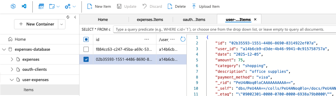 Cosmos DB user-expenses container