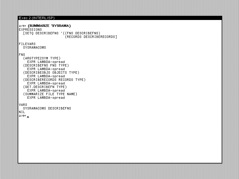 Sample output of the Sysrama Interlisp documentation tool.