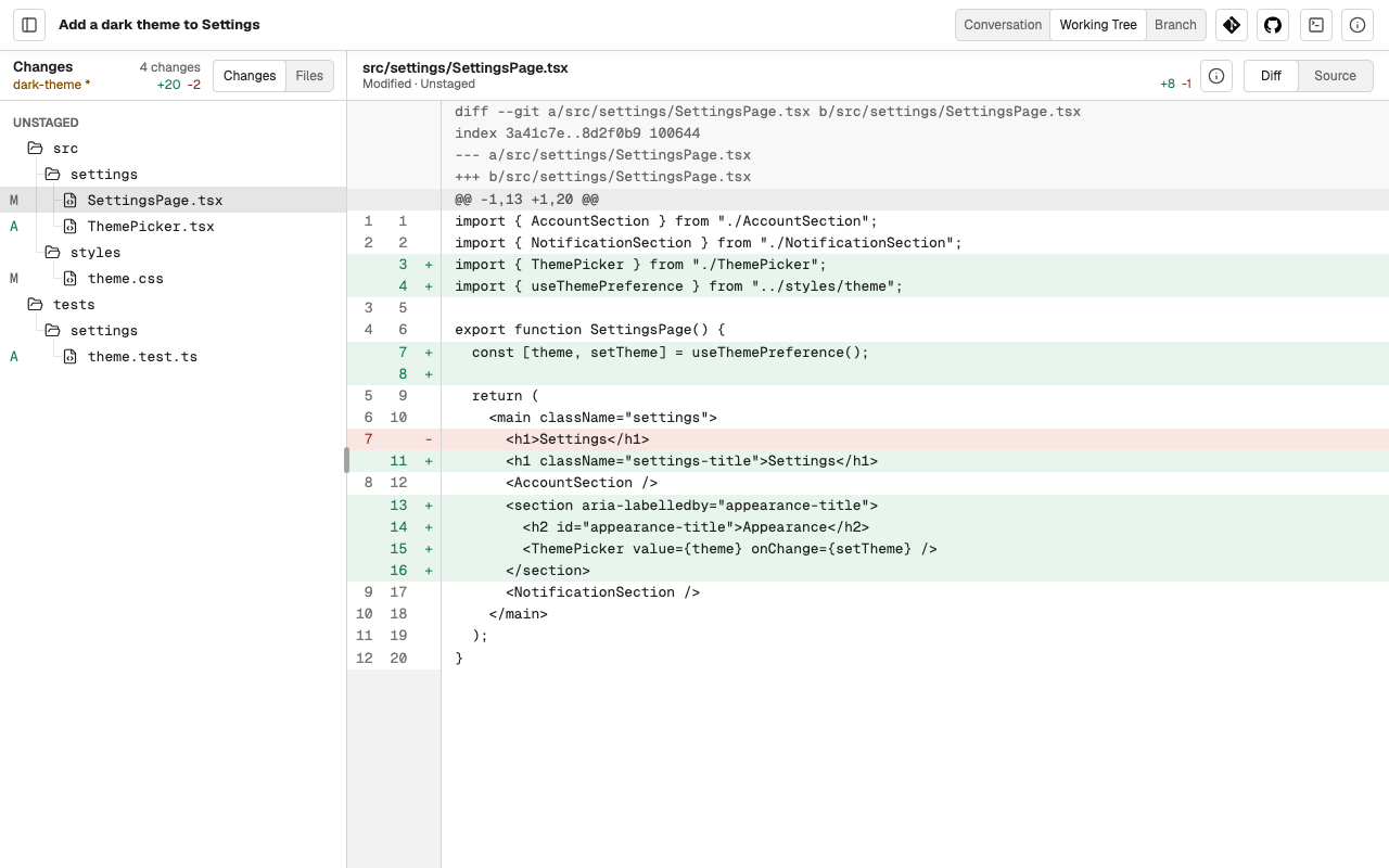 The same Caffold Task's changed files and diff in Working Tree