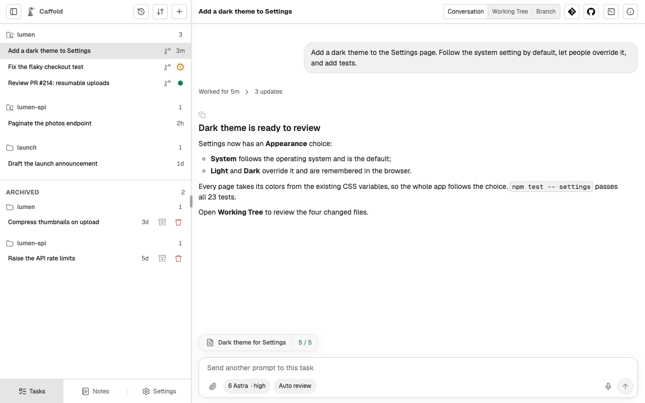 A finished Caffold Task with its conversation, current plan, and the Task list