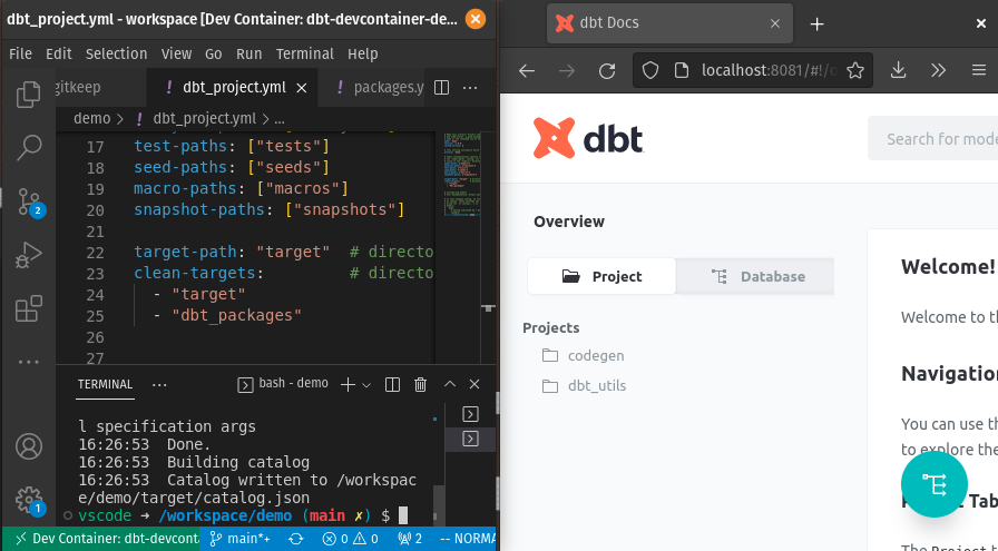 Screenshot of dbt running in a dev container and a dbt docs window