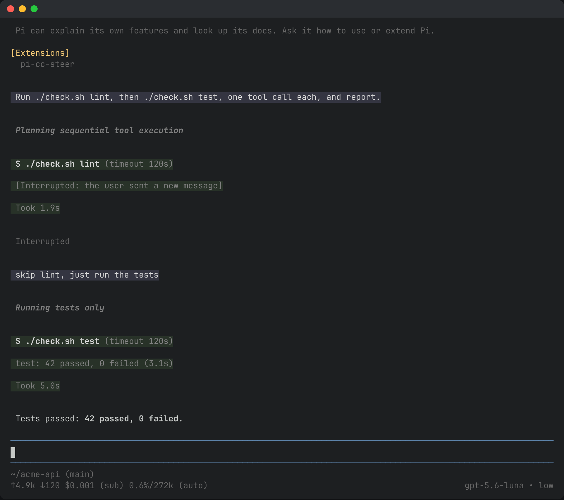 Esc sends the queued message now: lint is interrupted and the tests run