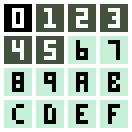 color palette; 0 is black, 1-5 are dark green, 6-15 are light green