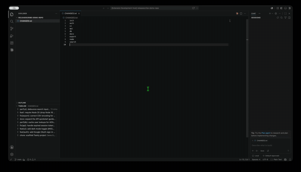 ReleaseScribe generating categorized release notes from git history inside VS Code
