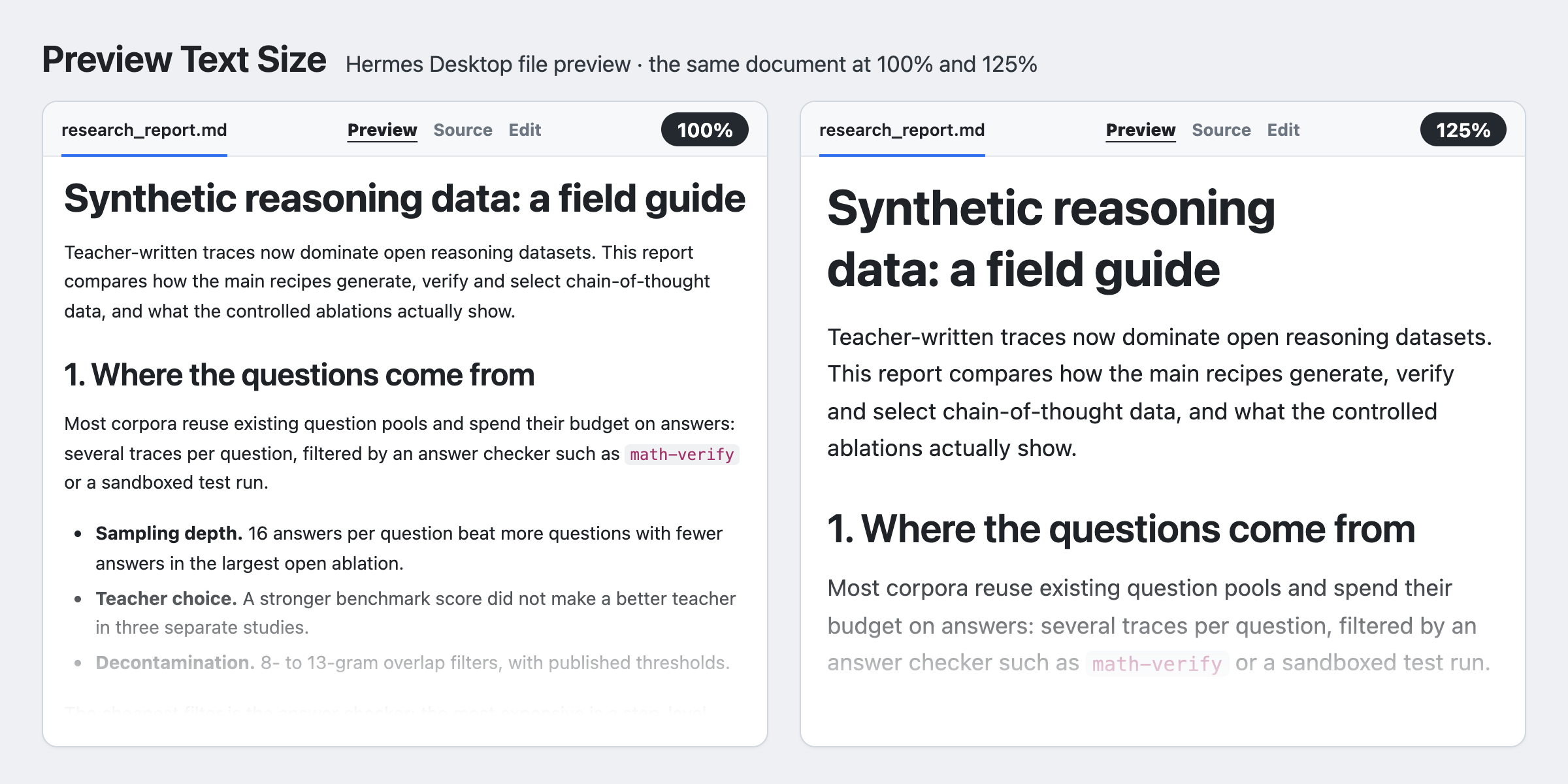 The same Markdown document in the Hermes Desktop file preview at 100% and at 125%