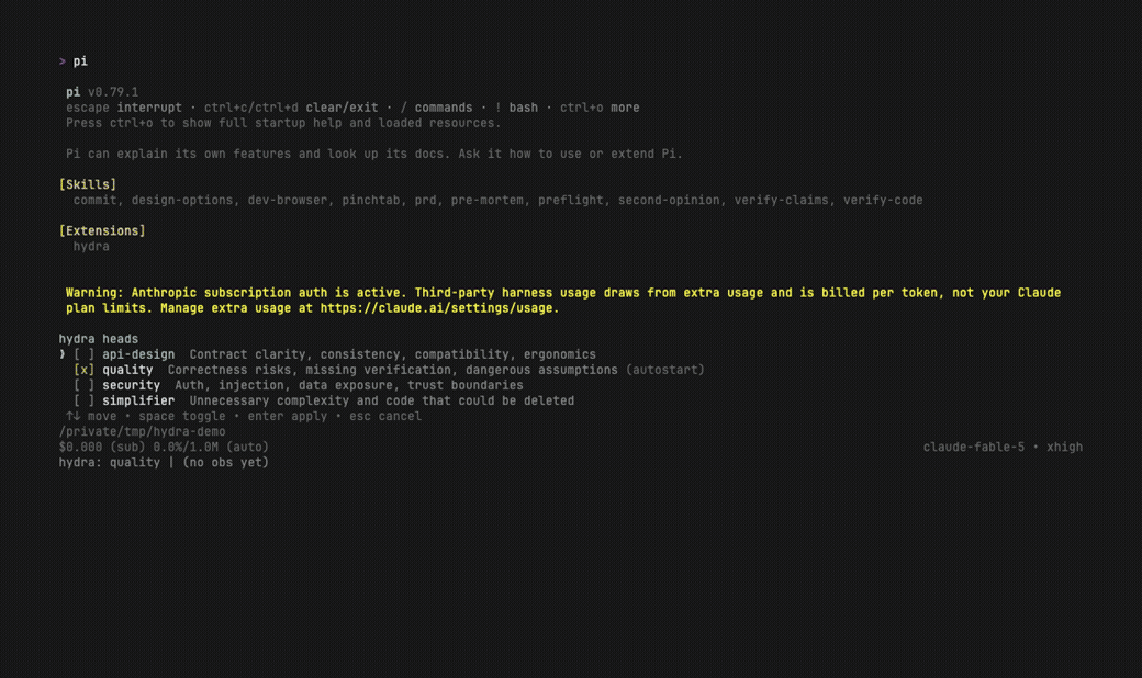 A Pi session where the head picker adds a security head; while Pi builds a Flask app, that head catches debug mode and an open-redirect risk and steers the fixes into the conversation
